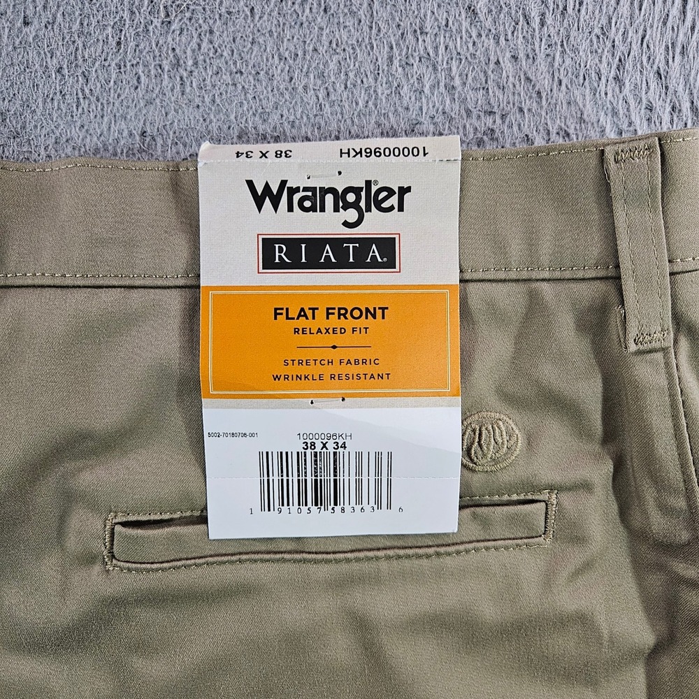 Wrangler Riata Men 38x34 Khaki Relaxed Fit Flat Front Stretch Pants NEW NWT